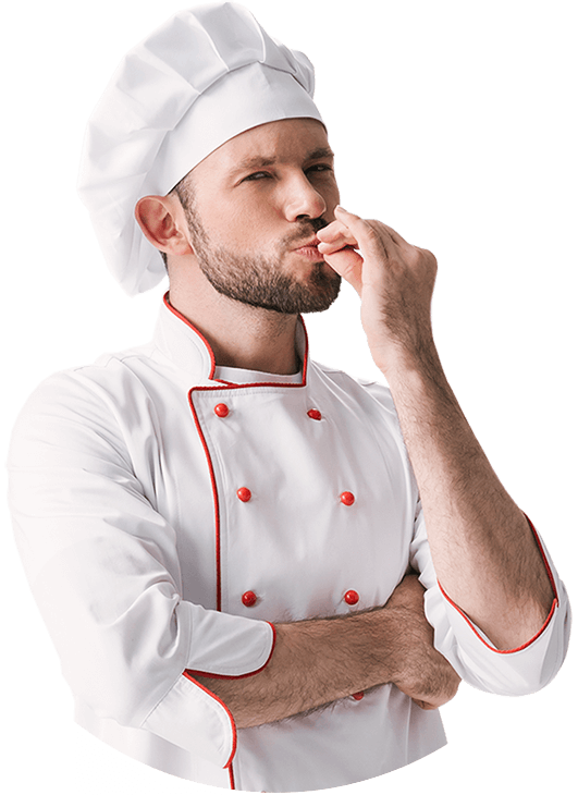 handsome chef showing delicious sign isolated on w 4WKLH5H